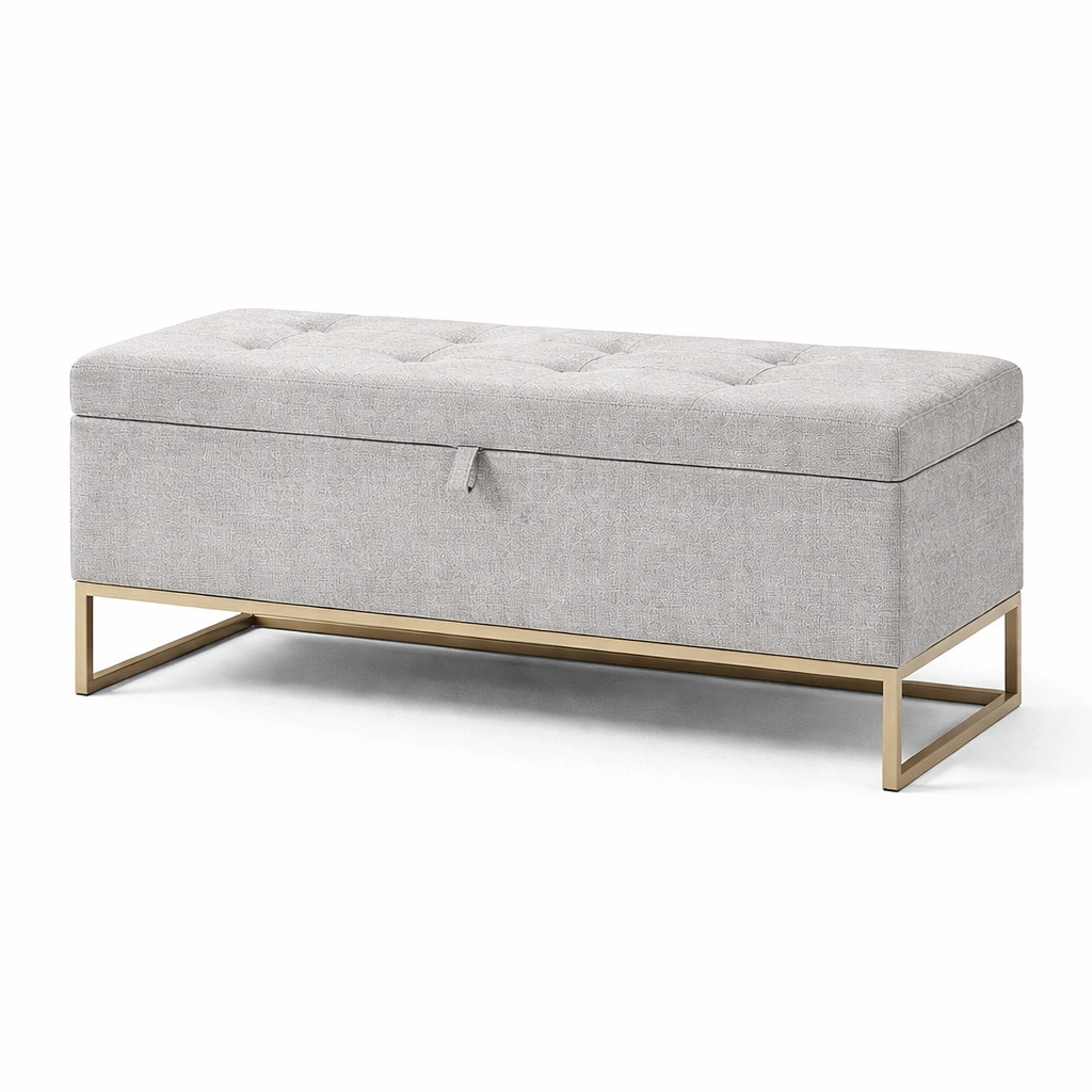 Sitzbank mit stauraum aus leinen hellgrau und gold-furnnesty