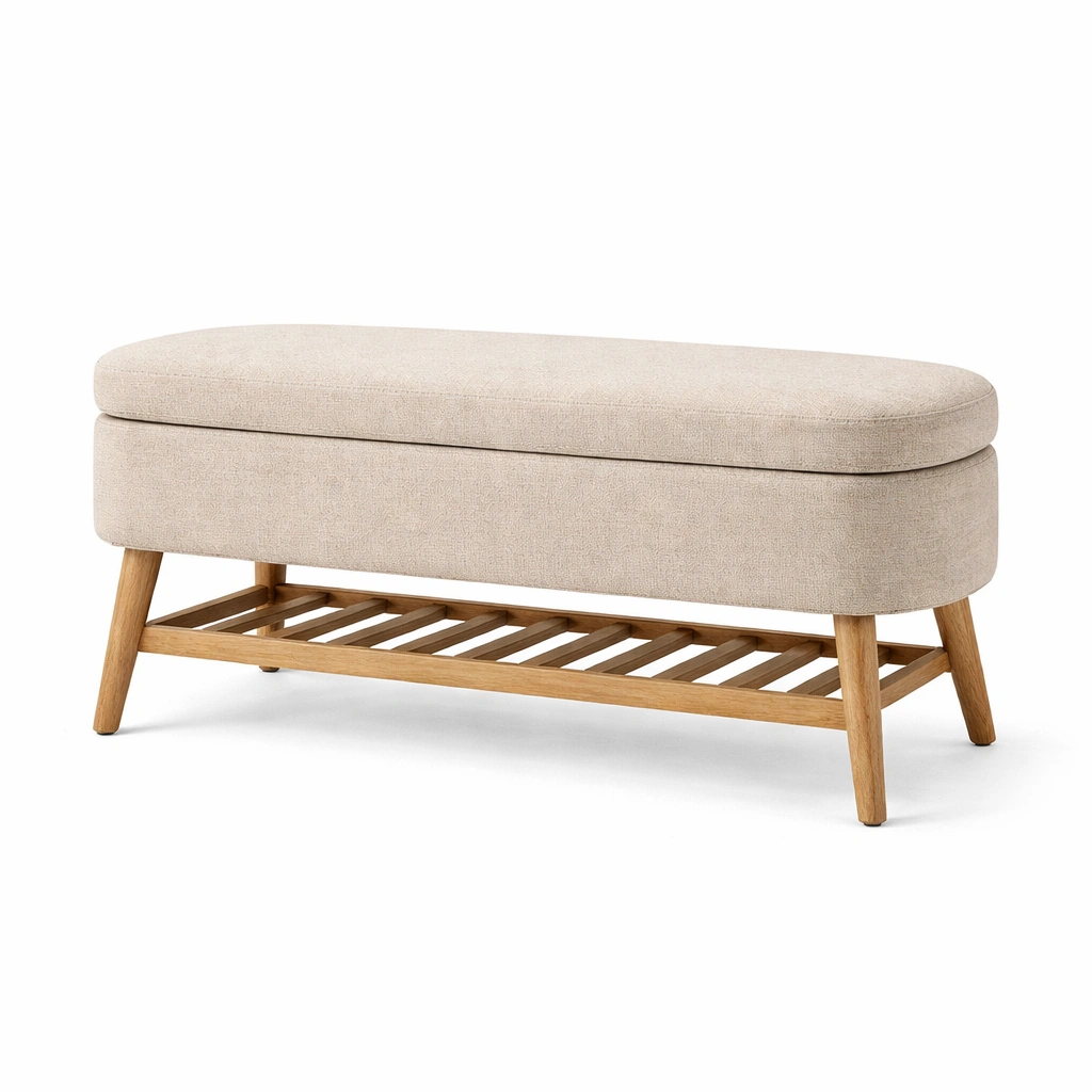 Sitzbank mit stauraum aus leinenstoff holz beige-furnnesty