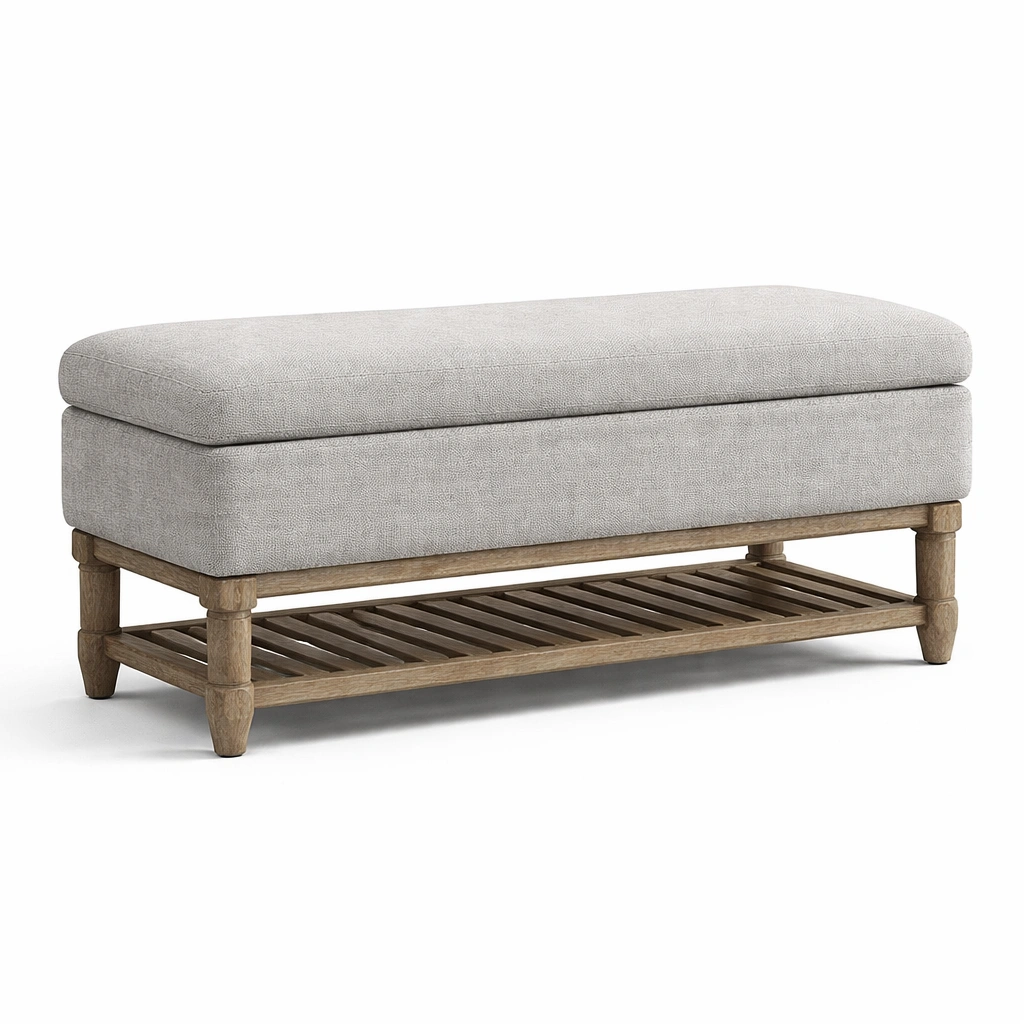 Sitzbank mit stauraum aus massivholz und leinen hellgrau mit regal-furnnesty