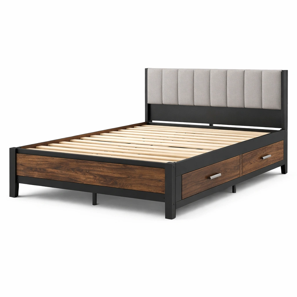 Bett mit stauraum aus metall mit stoff kopfteil braun grau-furnnesty