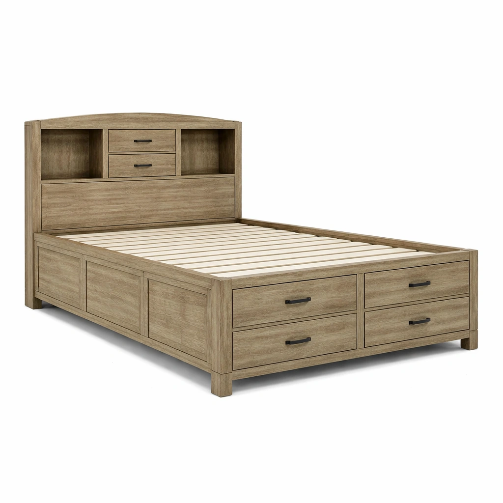 Bett mit stauraum aus eichenholz mit regalen-furnnesty