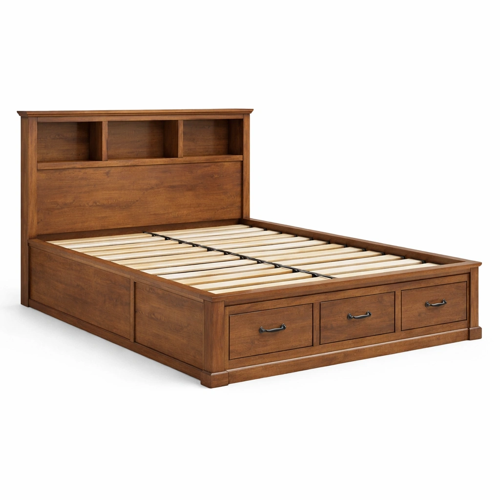 Bett mit stauraum aus eiche massivholz mit schubladen und regal-furnnesty