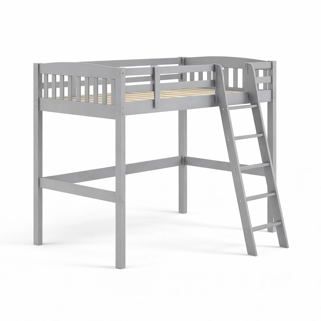 Hochbett aus kiefernholz grau mit leiter-furnnesty