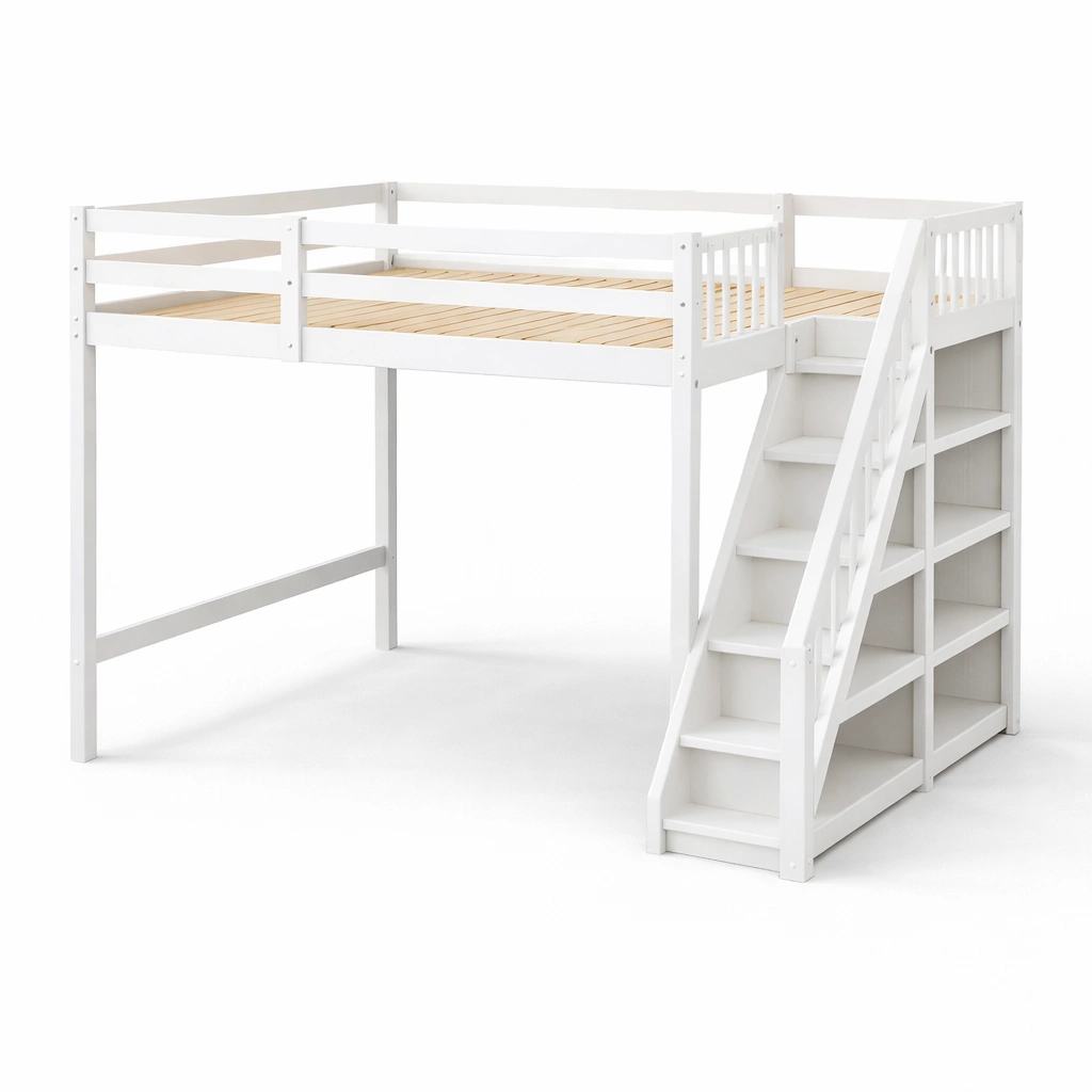 Hochbett aus kiefernholz weiß mit treppe und regal-furnnesty