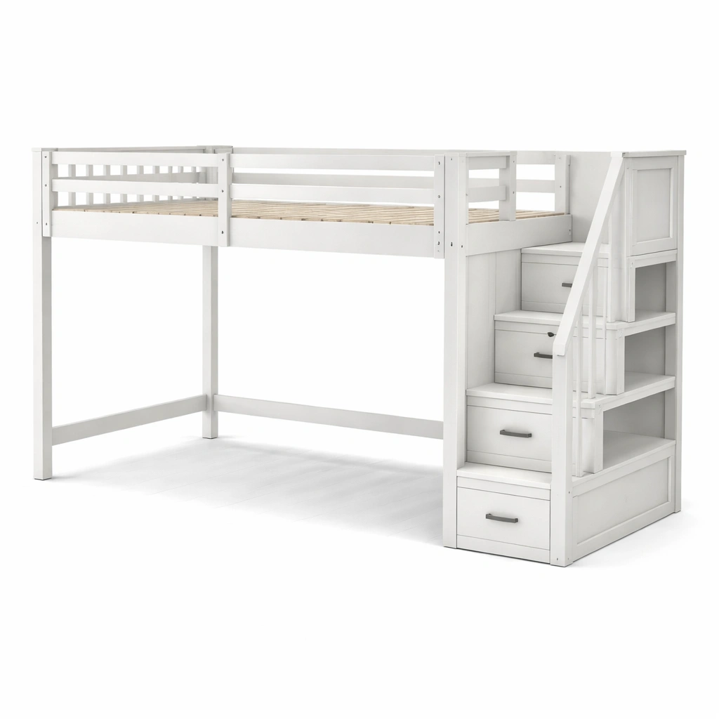 Hochbett aus holz weiß mit treppe und stauraum-furnnesty