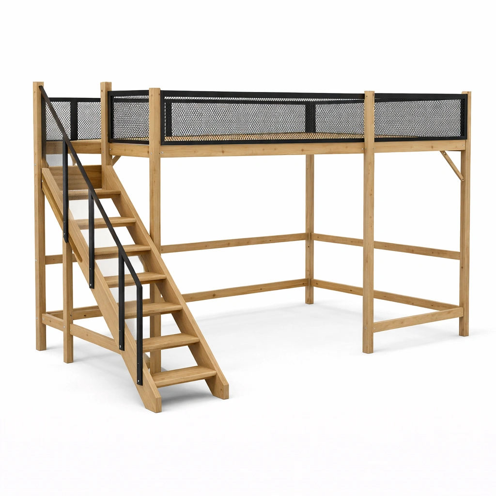 Hochbett aus holz mit metallgitter und treppe natur schwarz 200x100x160 cm-furnnesty