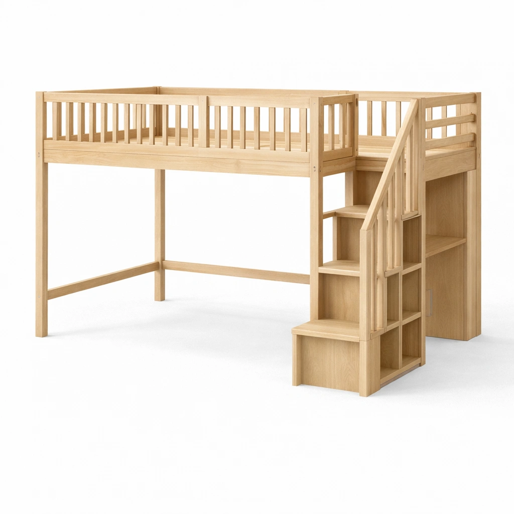 Hochbett aus holz mit treppe und regal natur 200x100x120cm-furnnesty