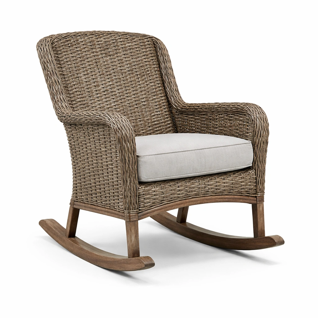 Schaukelstuhl aus rattan braun mit polyesterkissen beige-furnlina