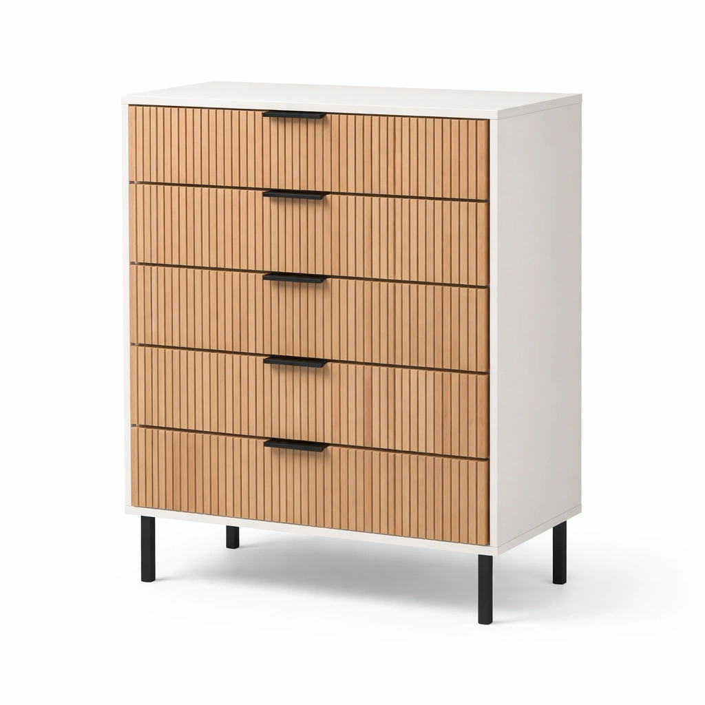 Kommode aus holzoptik weiß mit metallbeinen und schubladen 80x100x40cm-furnlina