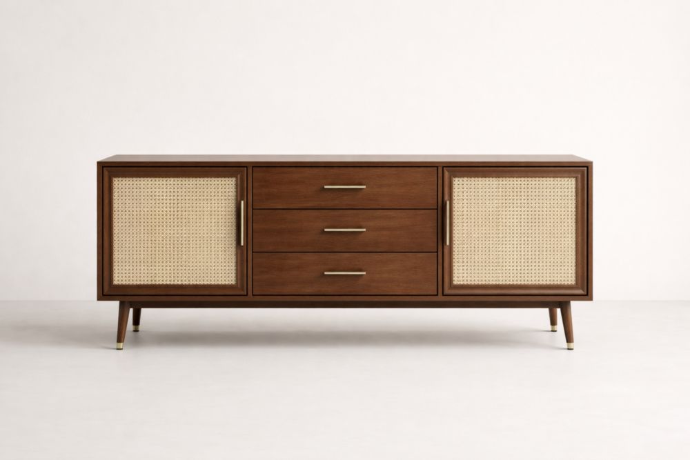 Sideboard aus Walnussholz und Rattan, Braun, Länge150 cm