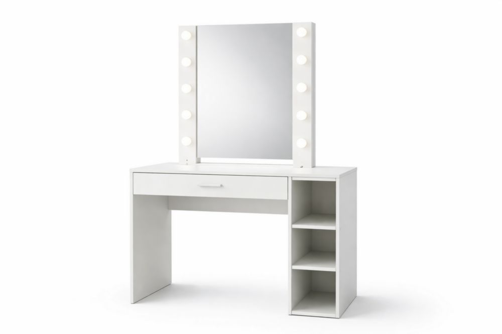 Weißer Schminktisch mit Spiegel und LED-Beleuchtung, MDF, 140x45x130 cm