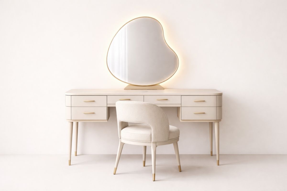 Schminktisch-Set mit organischem LED-Spiegel und Polsterstuhl aus MDF und Polyester, Cremeweiß