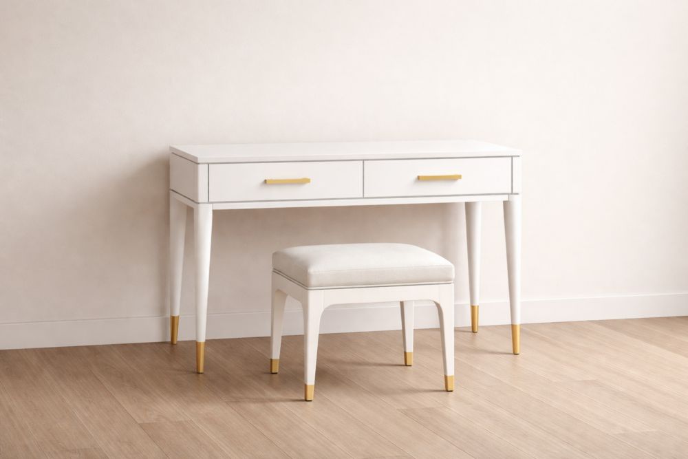 Schminktisch Set Weiß mit Goldenen Details inklusive Hocker