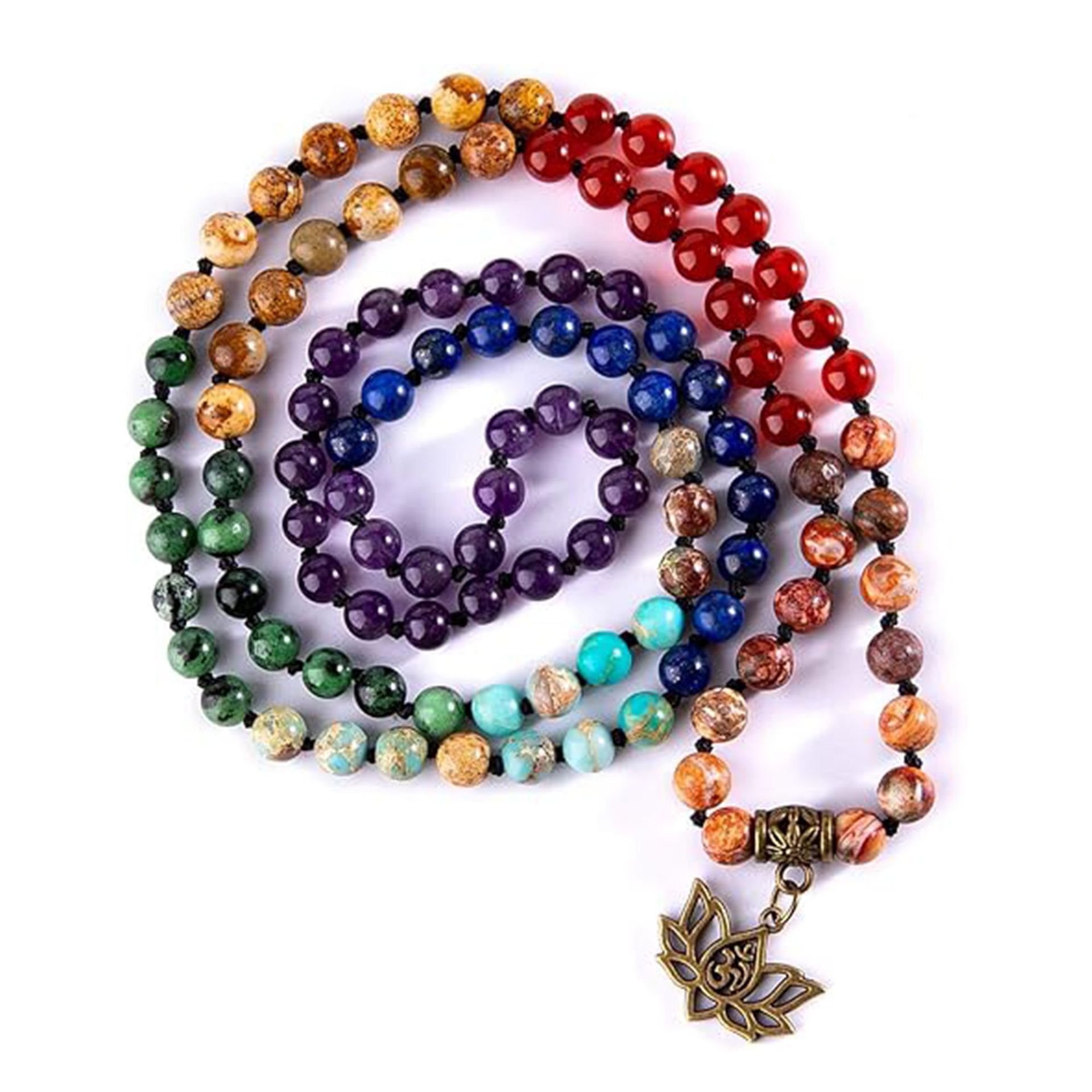7 Chakra 108 Mala Beads Bracelet Real Gemstone Yoga Meditation Hand Knotted Mala Prayer Bead Necklace