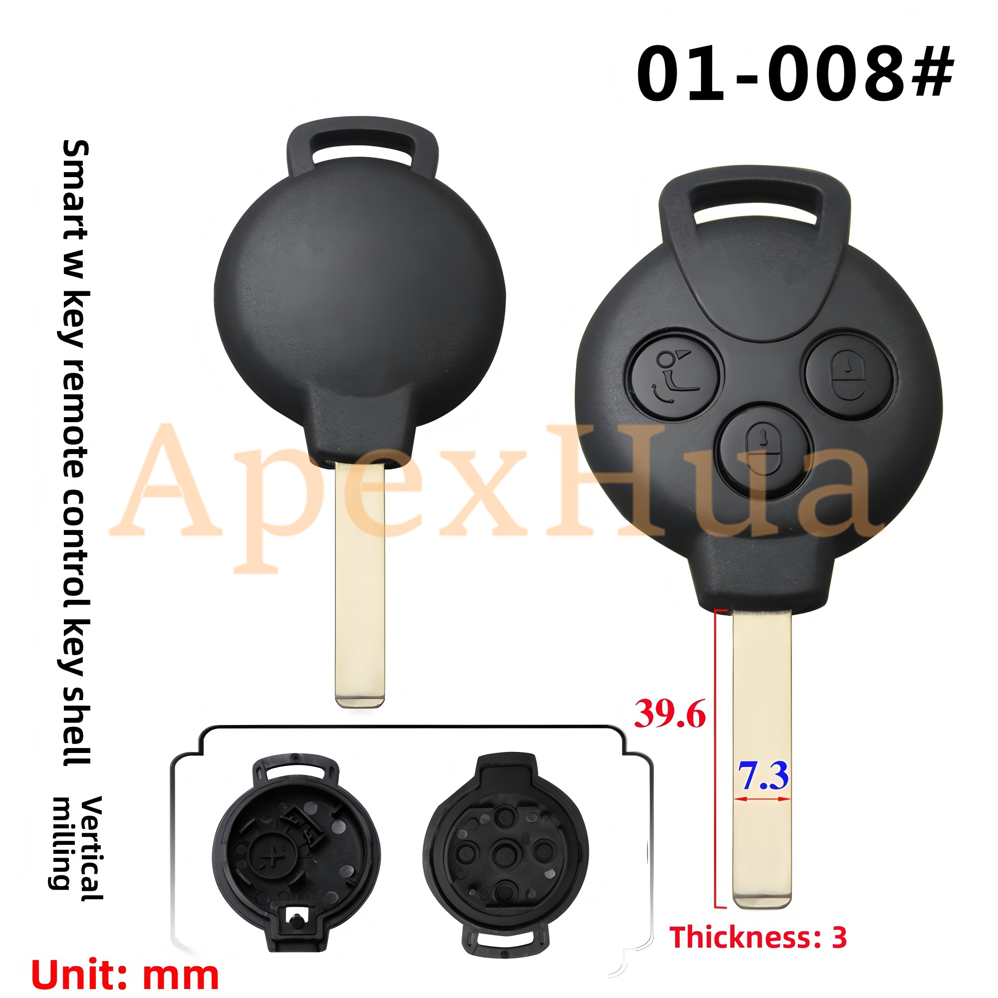 Fit for: Mercedes-Benz Smart Key Shell, 3-button Vertical Milling Key Blank, Old Style Straight Remote Key, Spare Replacement Casing