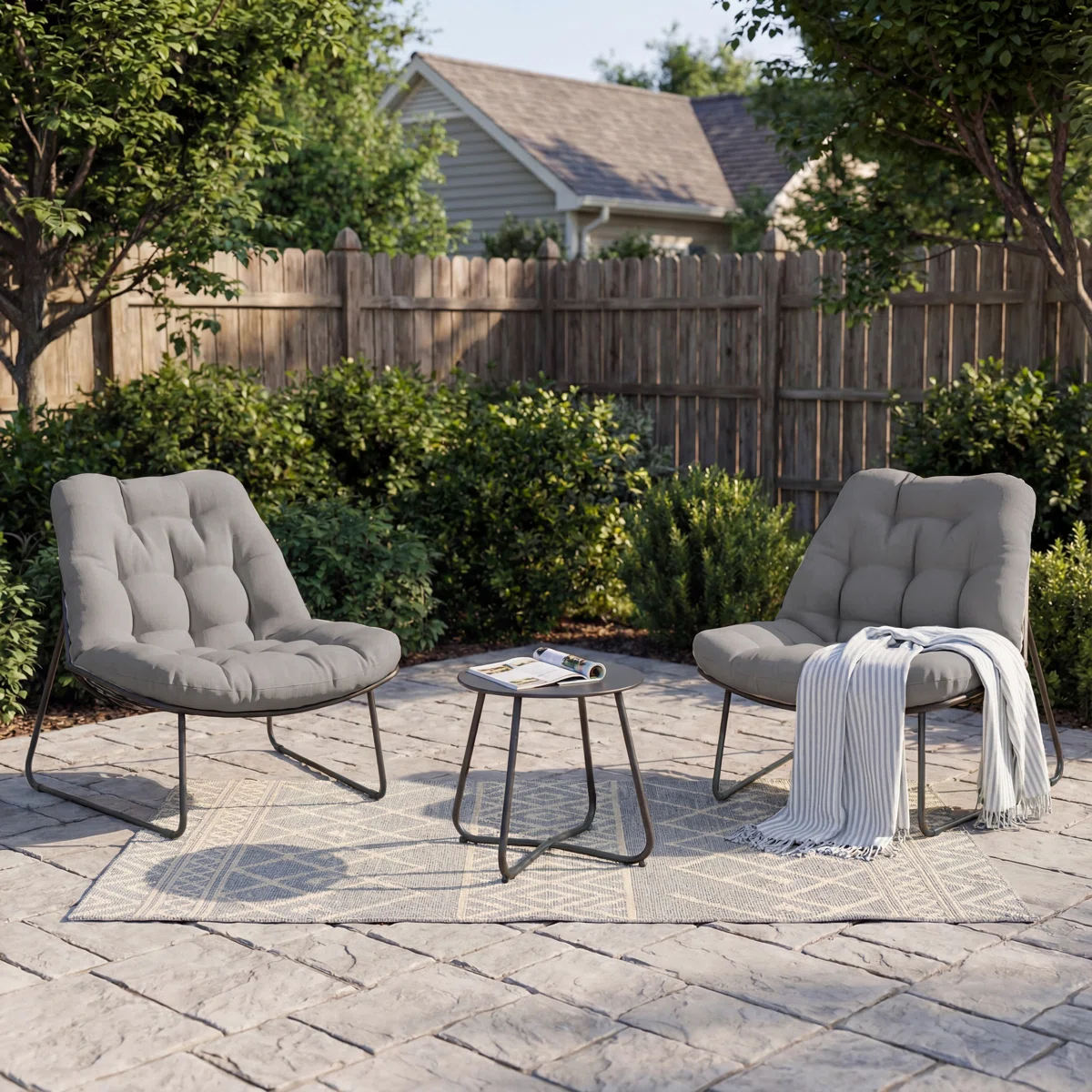 Solea Lounge – Ensemble fauteuils lounge extérieur 3 pièces avec table et coussins