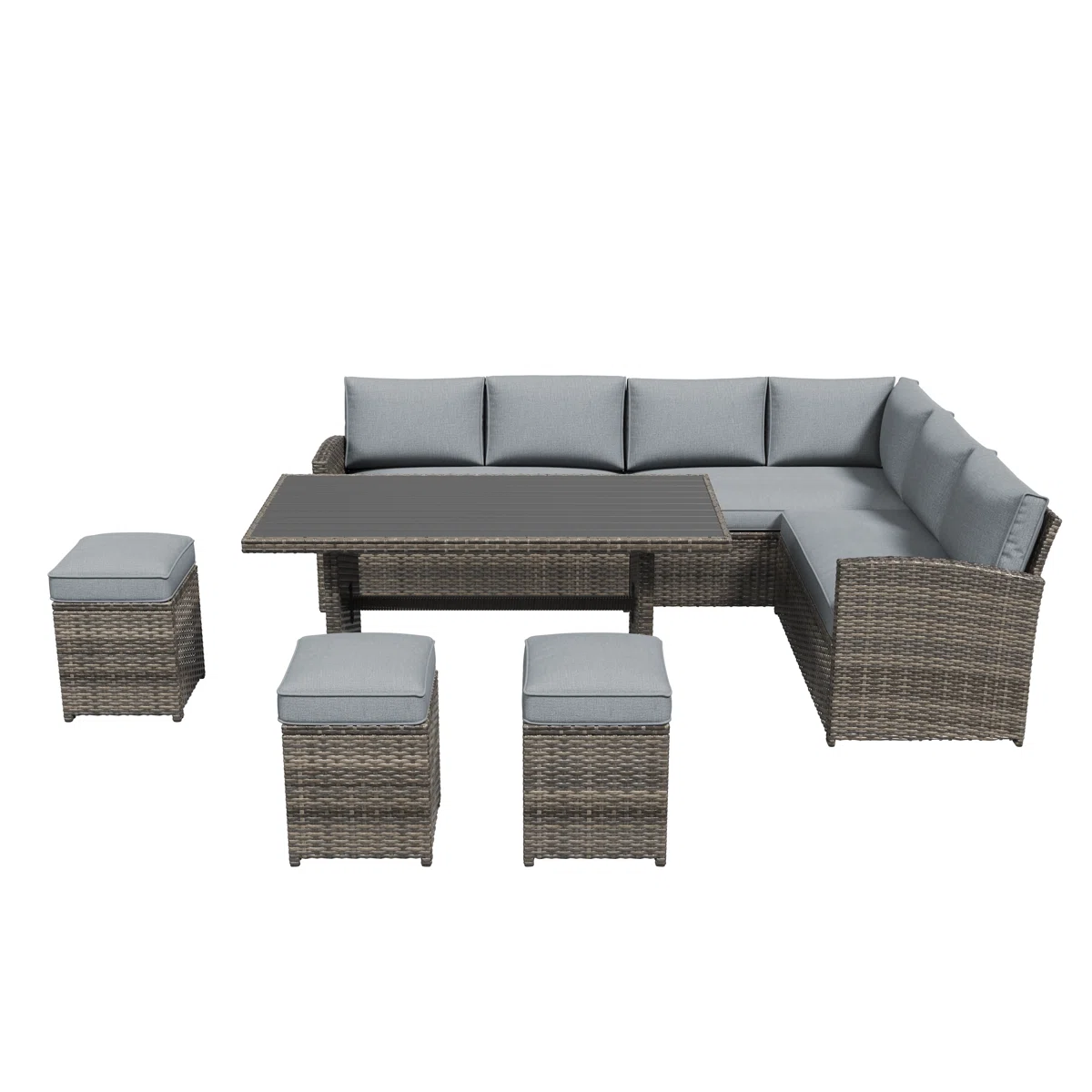 Salon de jardin modulable 8 places Malaga en résine tressée avec coussins et table haute