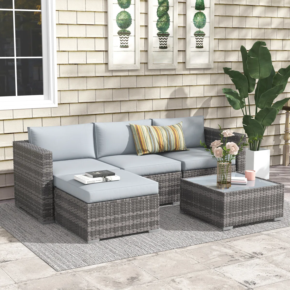 Abrela – Salon de Jardin Modulable 3 Places en Rotin avec Coussins Confort pour Extérieur Moderne 