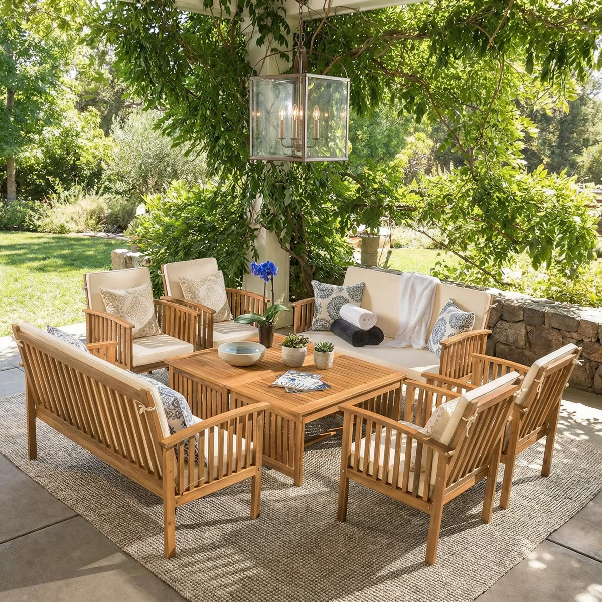 Amorea – Salon de Jardin 8 Places en Acacia avec Coussins Confort Haut de Gamme pour Extérieur Élégant