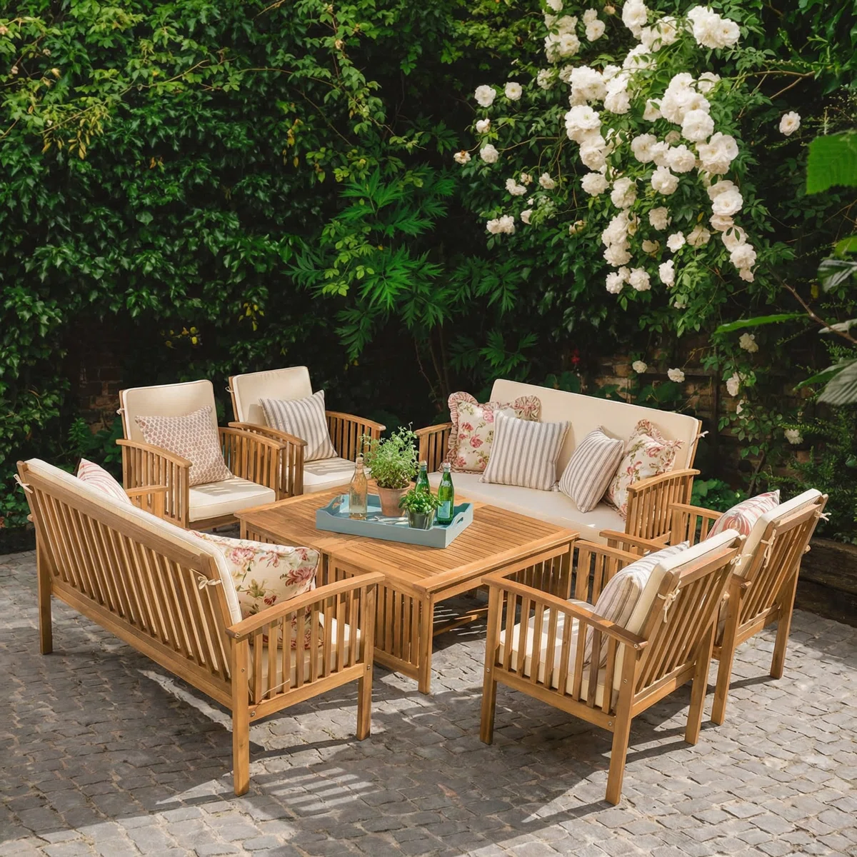 Amorea – Salon de Jardin 8 Places en Acacia avec Coussins Confort Haut de Gamme pour Extérieur Élégant