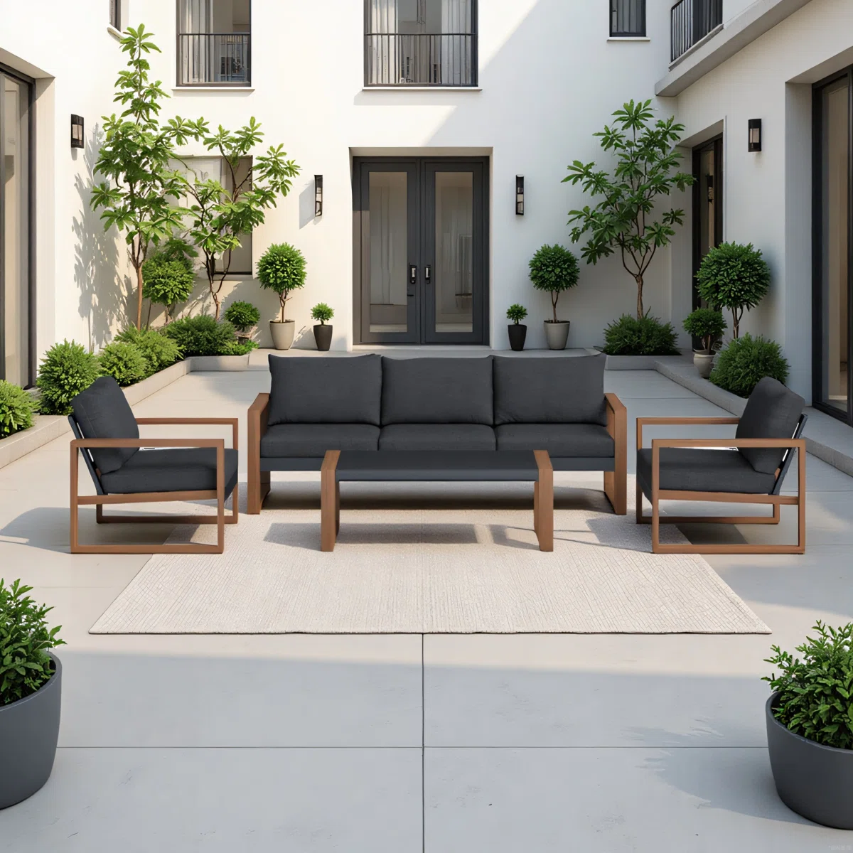Arunel – Salon de Jardin 4 Pièces en Acier Effet Bois avec Coussins 