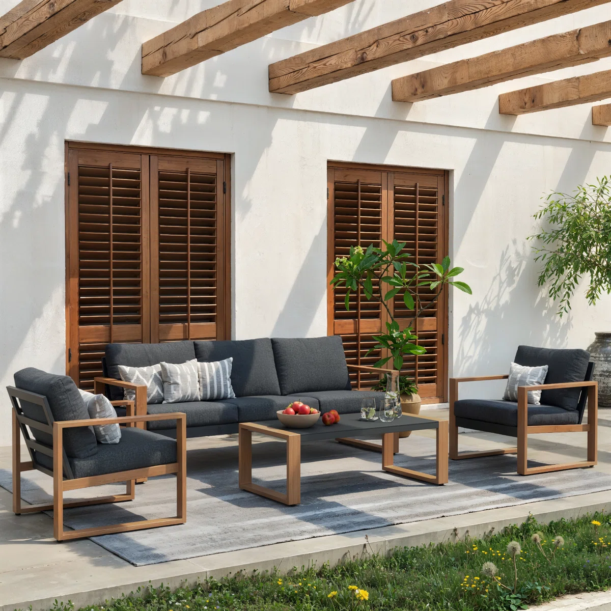 Arunel – Salon de Jardin 4 Pièces en Acier Effet Bois avec Coussins 