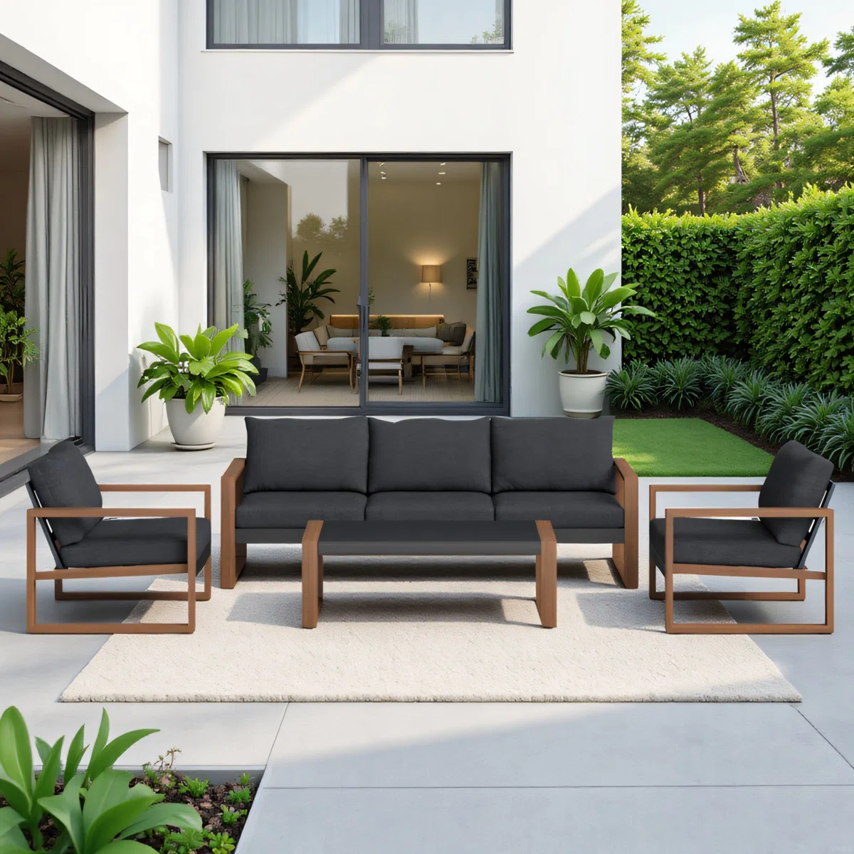 Arunel – Salon de Jardin 4 Pièces en Acier Effet Bois avec Coussins 