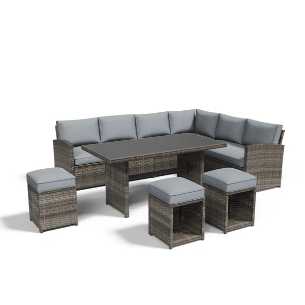Salon de jardin modulable 8 places Malaga en résine tressée avec coussins et table haute