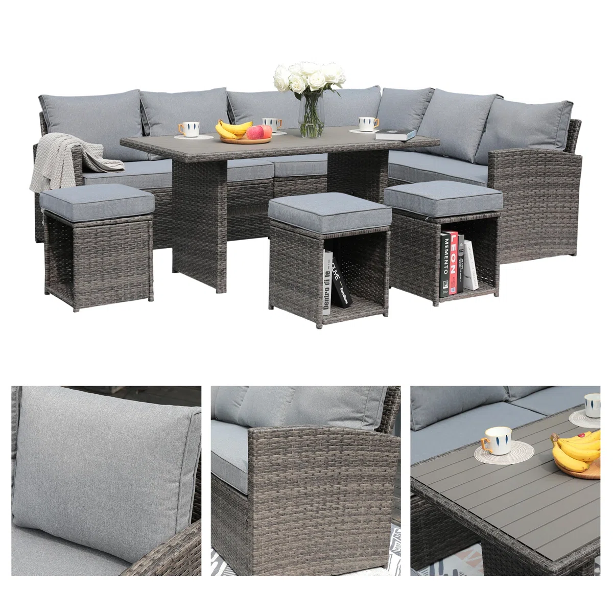 Salon de jardin modulable 8 places Malaga en résine tressée avec coussins et table haute