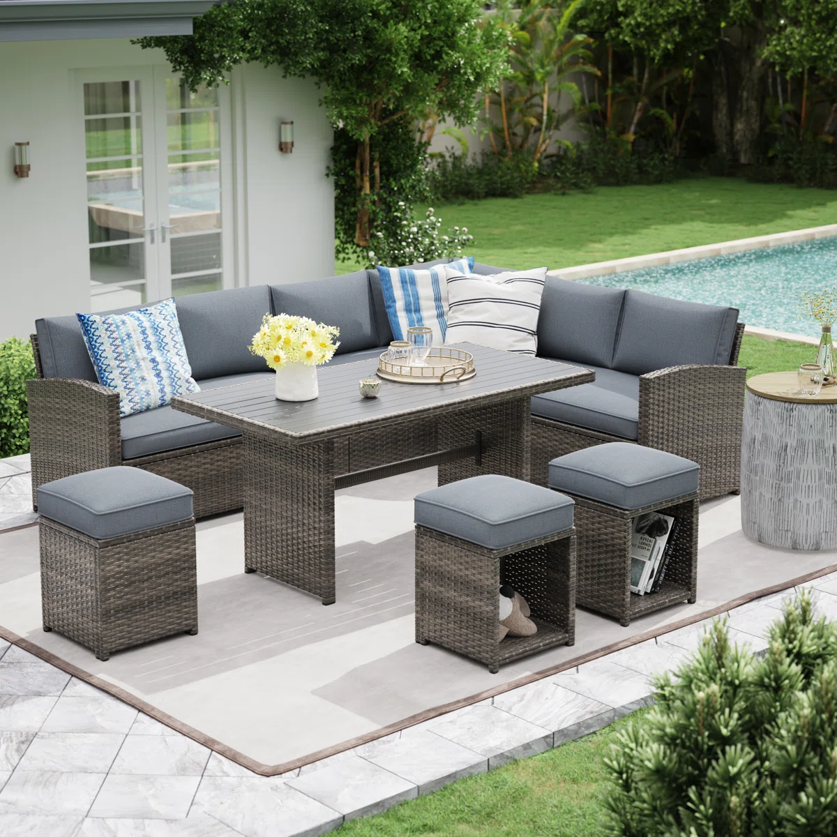 Salon de jardin modulable 8 places Malaga en résine tressée avec coussins et table haute