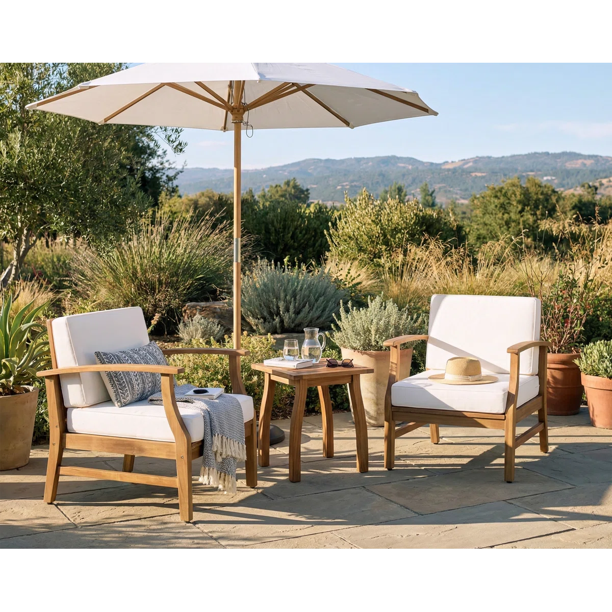 Bevelia – Salon de Jardin 2 Places en Acacia avec Coussins Confort Élégant pour Extérieur