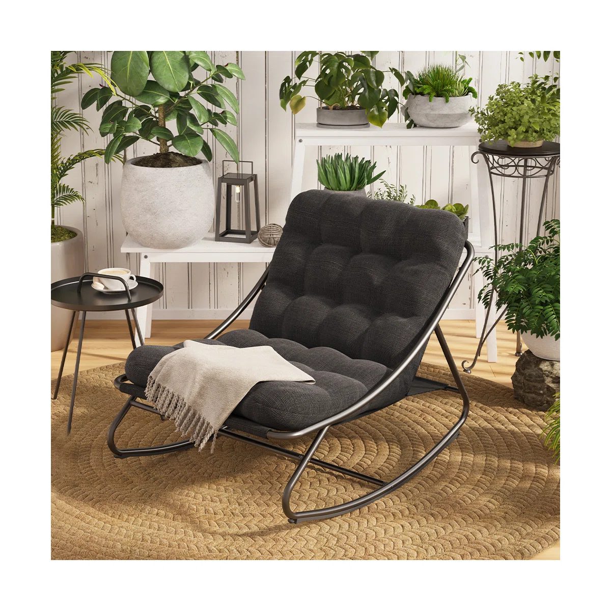 Tavik – Lot de 2 fauteuils à bascule extérieur en métal avec coussins amovibles
