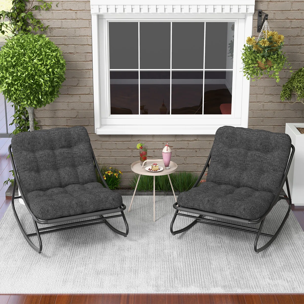 Tavik – Lot de 2 fauteuils à bascule extérieur en métal avec coussins amovibles