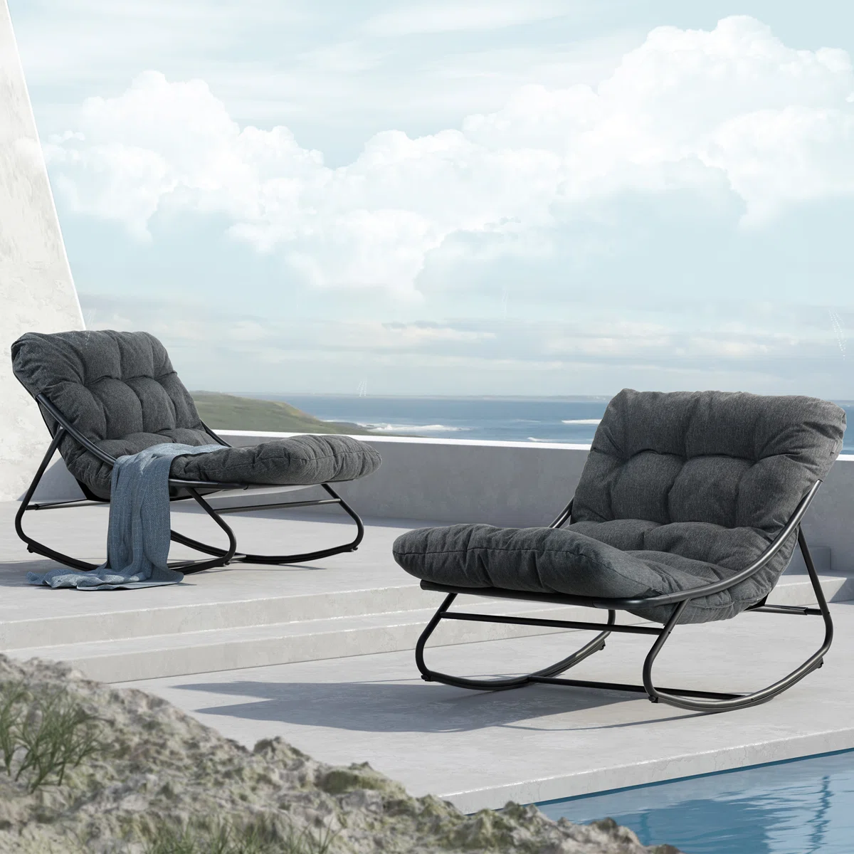 Tavik – Lot de 2 fauteuils à bascule extérieur en métal avec coussins amovibles