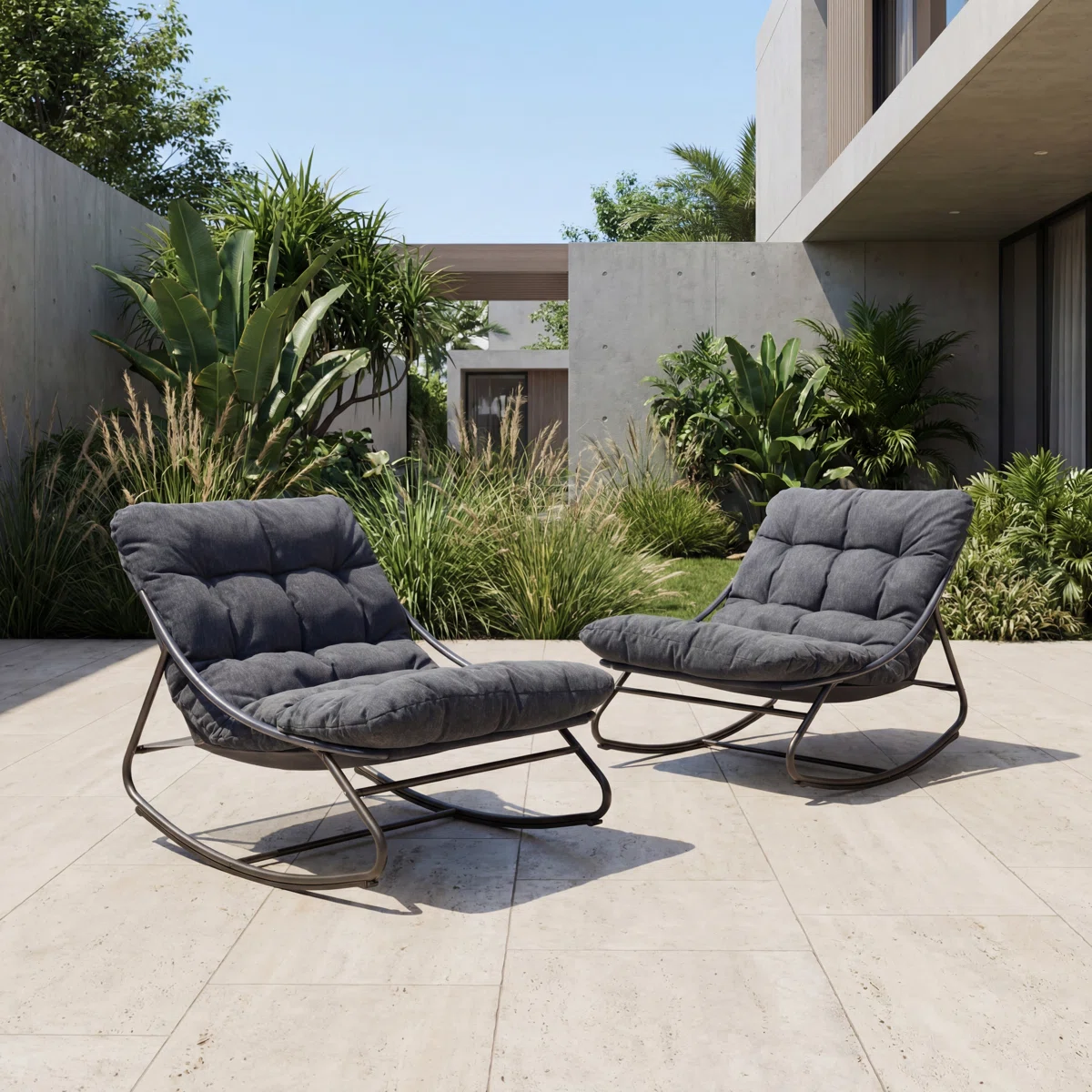 Tavik – Lot de 2 fauteuils à bascule extérieur en métal avec coussins amovibles