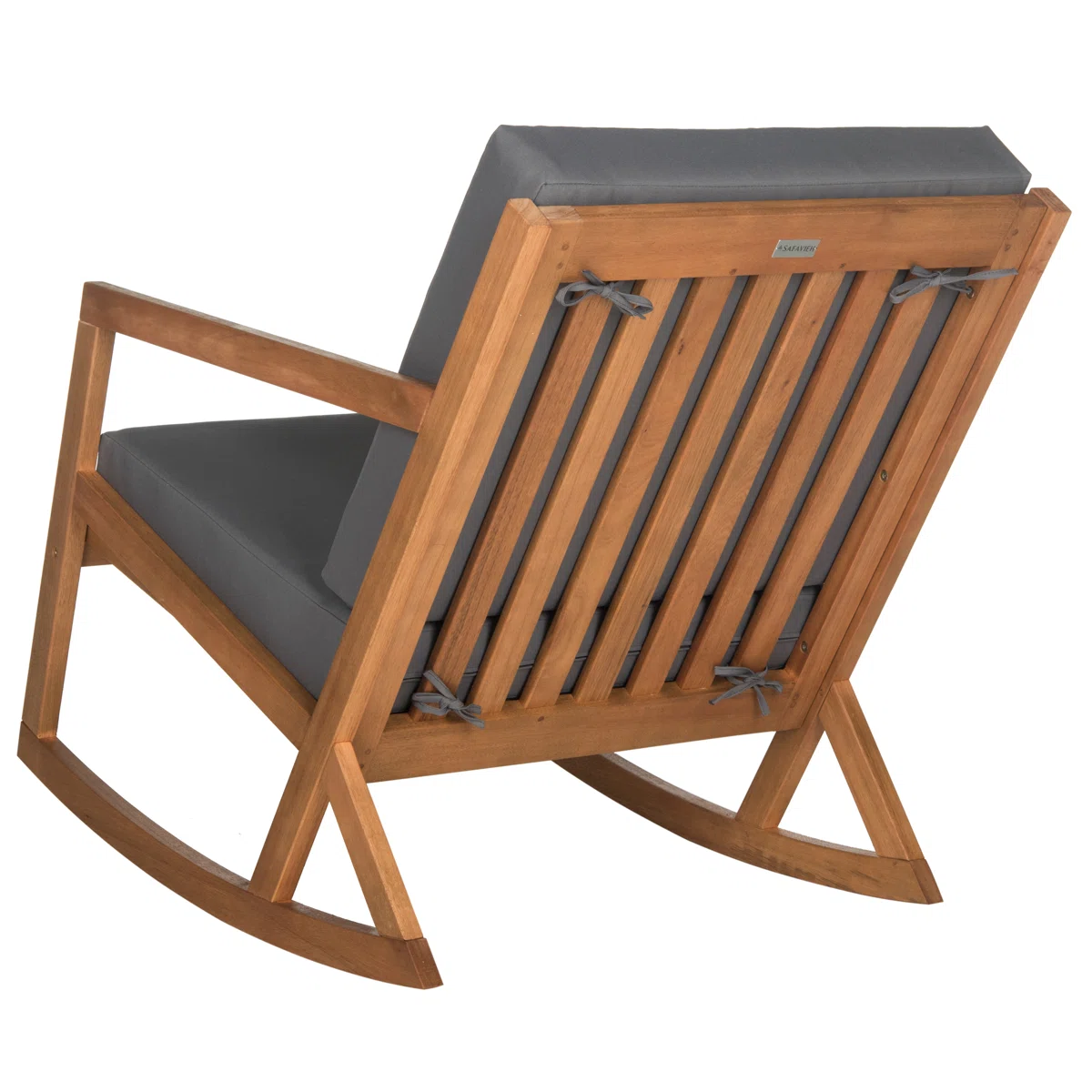 Kyron – Fauteuil à bascule extérieur en bois d’eucalyptus avec coussins