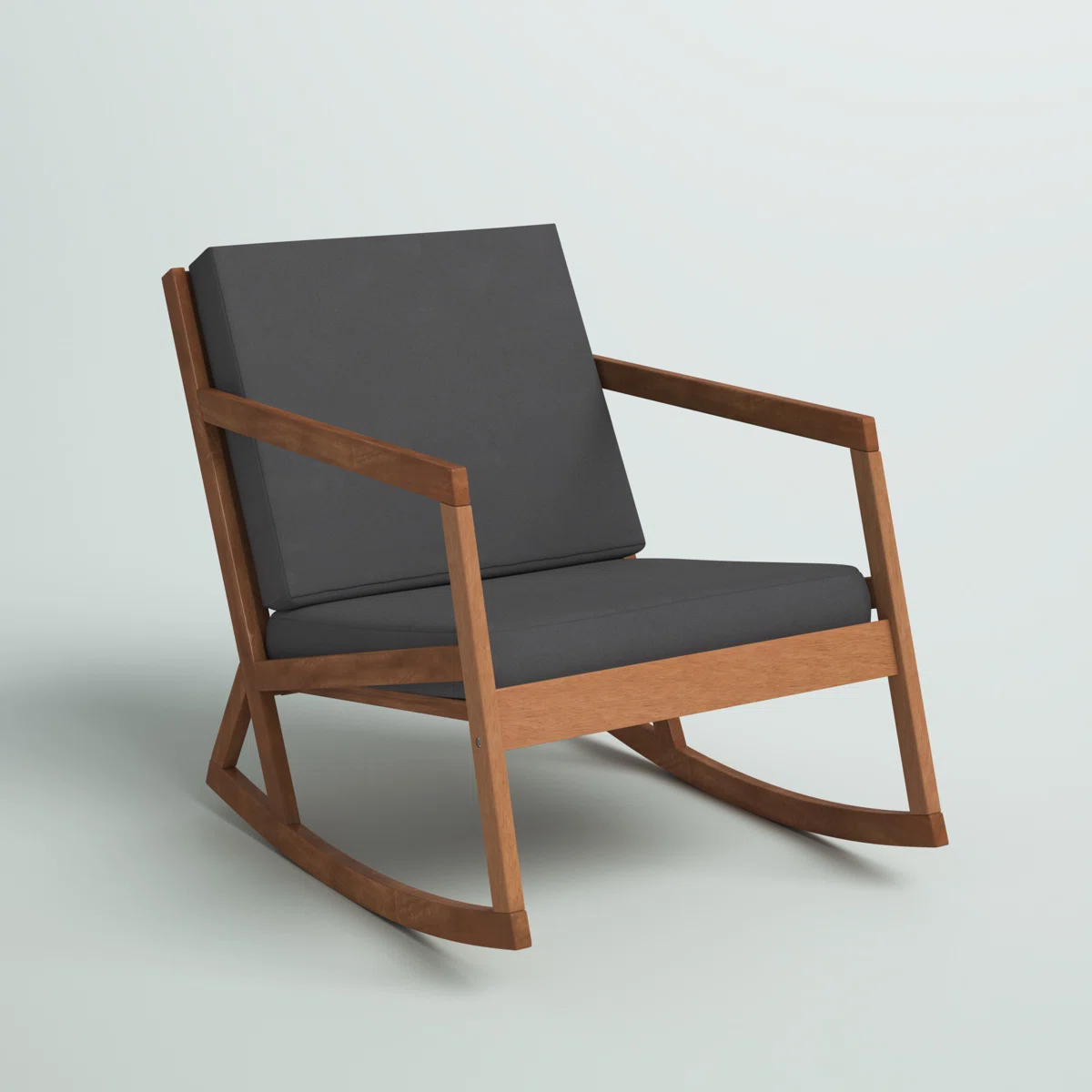 Kyron – Fauteuil à bascule extérieur en bois d’eucalyptus avec coussins
