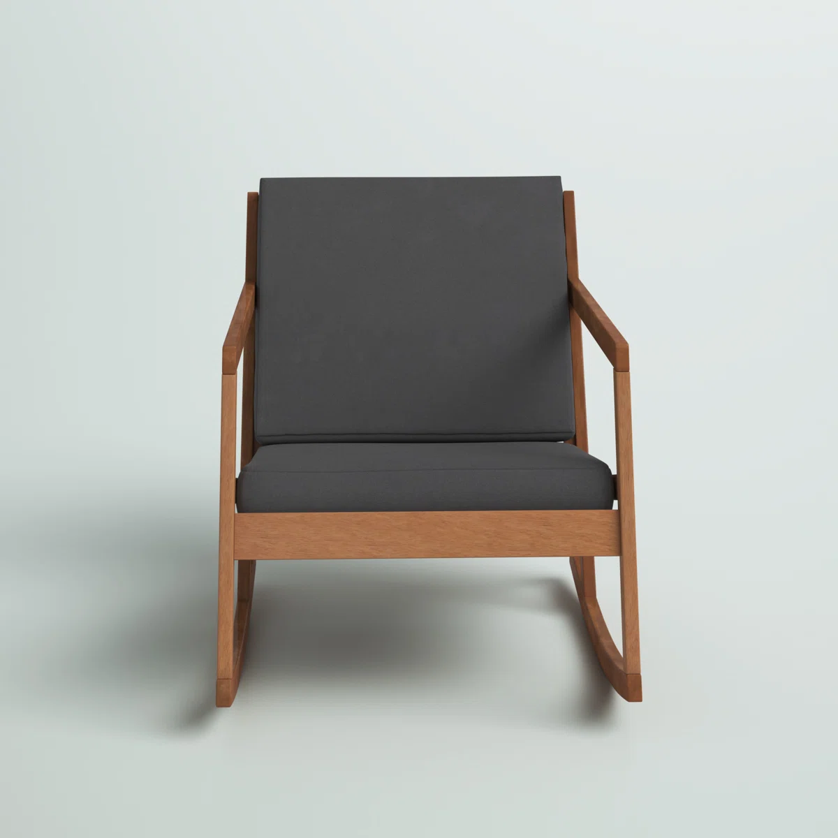 Kyron – Fauteuil à bascule extérieur en bois d’eucalyptus avec coussins