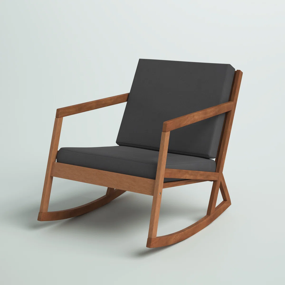 Kyron – Fauteuil à bascule extérieur en bois d’eucalyptus avec coussins