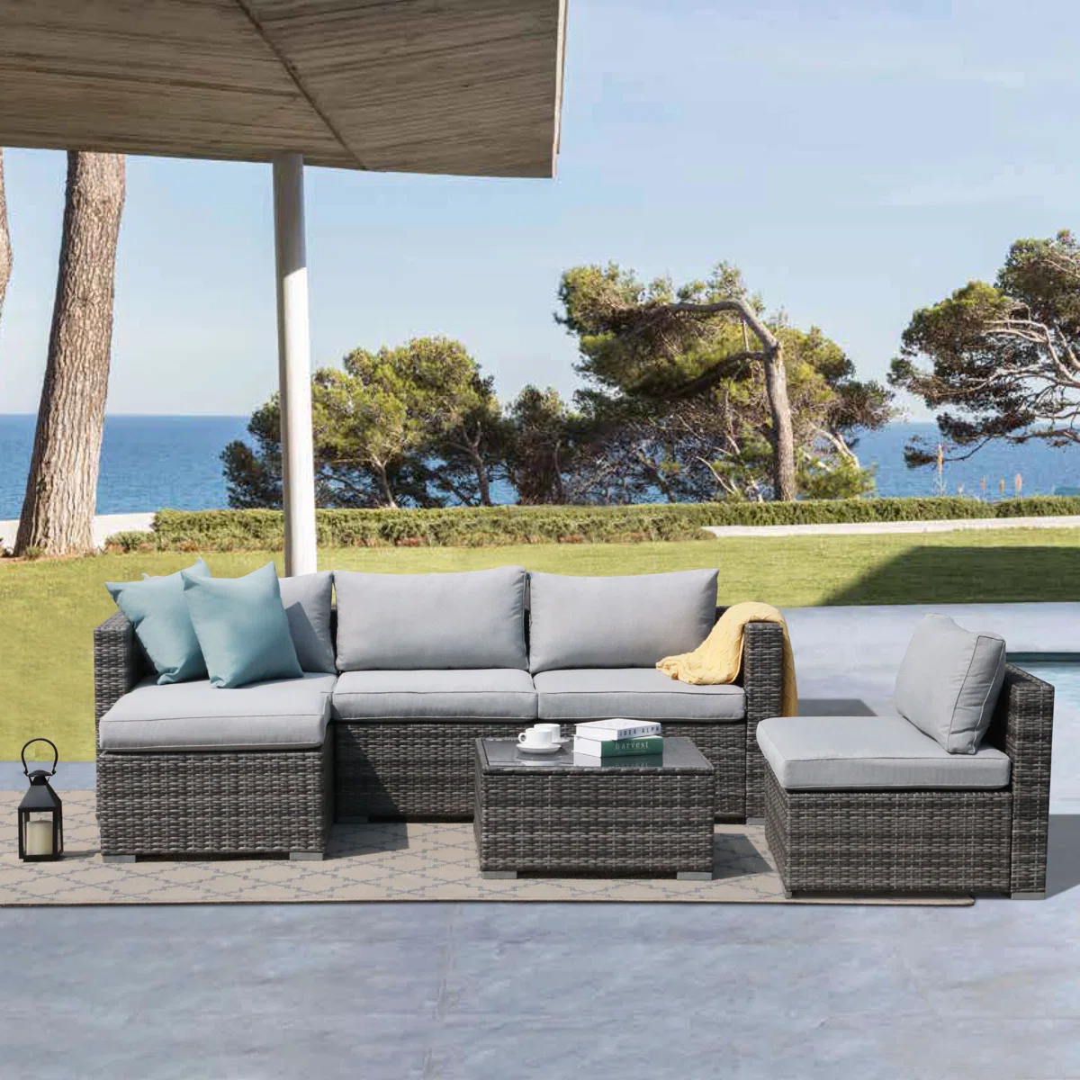 Eudira – Salon de Jardin Modulable 4 Places en Rotin avec Coussins Confort 