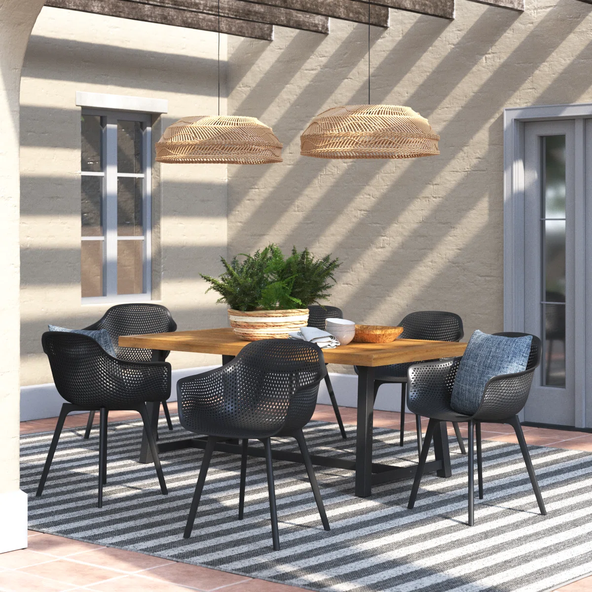  Valencia - Ensemble repas de jardin 6 places en résine noire et bois d’acacia massif