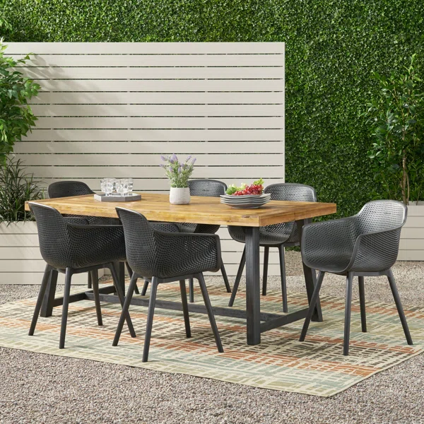  Valencia - Ensemble repas de jardin 6 places en résine noire et bois d’acacia massif