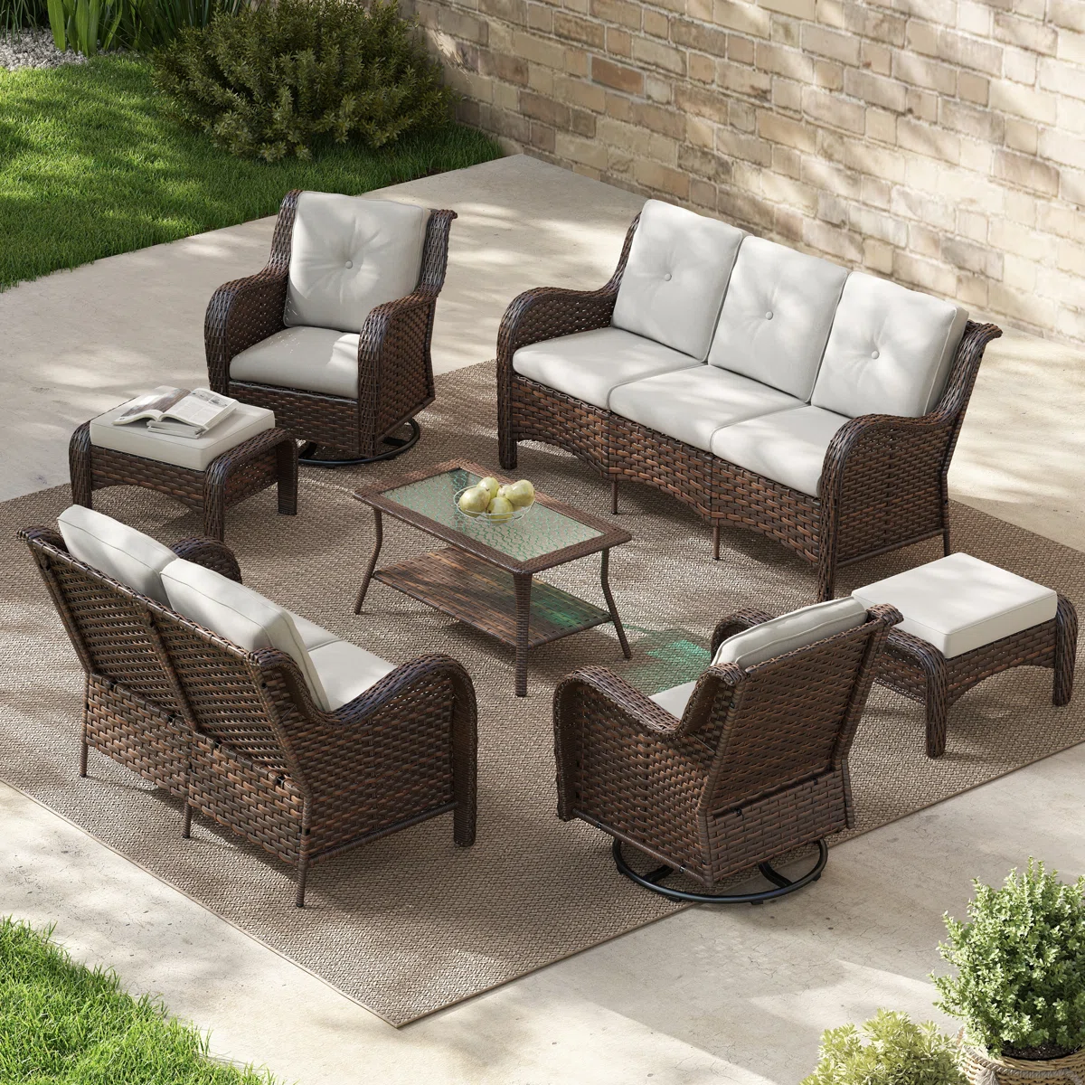 Gurena – Salon de Jardin Modulable 9 Places (7 Pièces) avec Coussins Confort Haut de Gamme pour Extérieur 