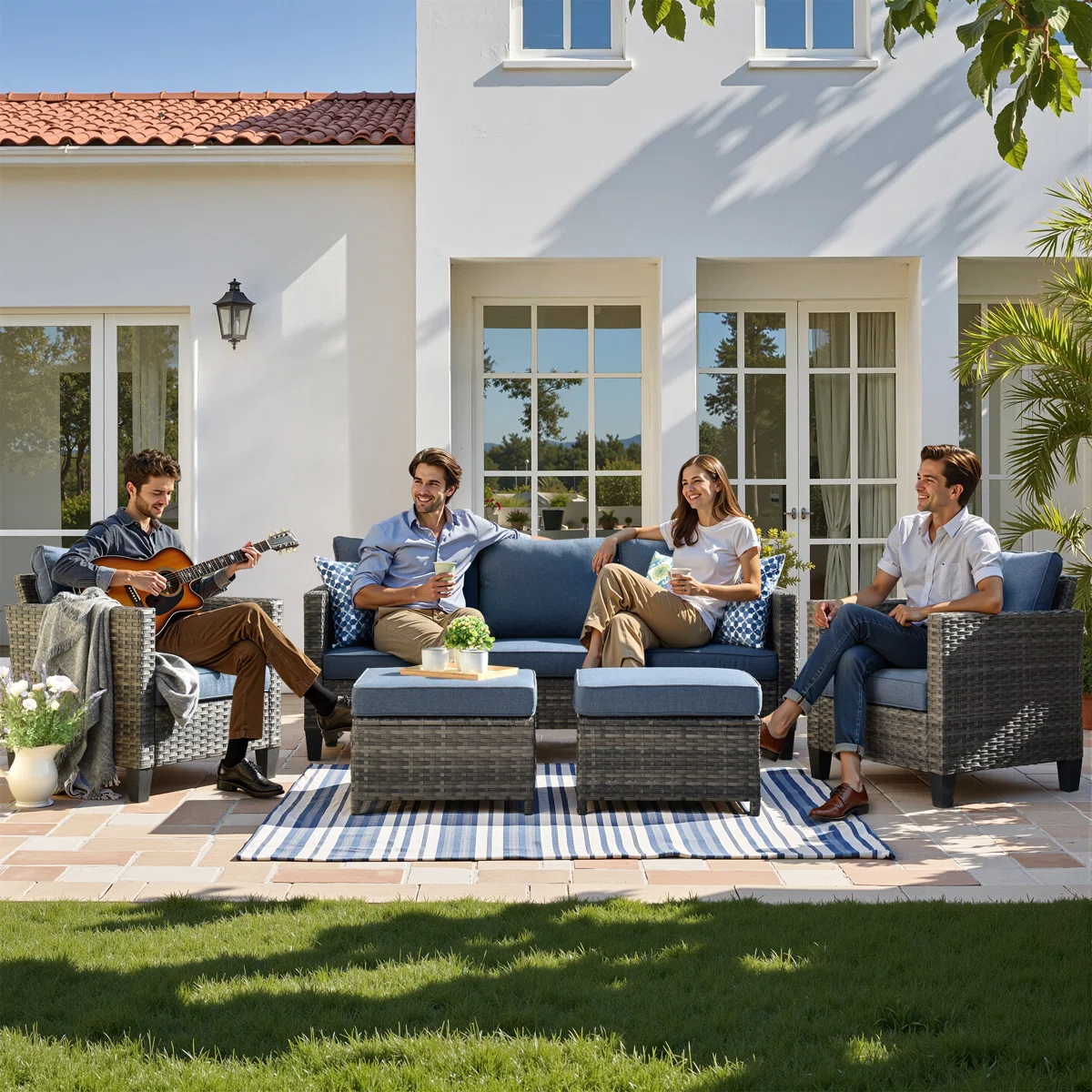 Harvyn – Salon de Jardin 5 Pièces en Rotin avec Fauteuils et Coussins Confort 
