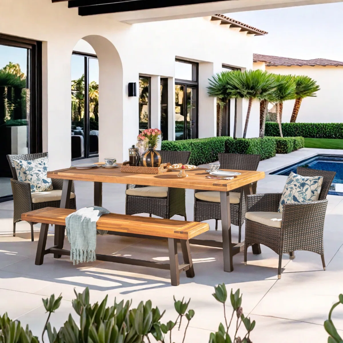 Palma - Ensemble repas de jardin 6 personnes en acacia et résine tressée