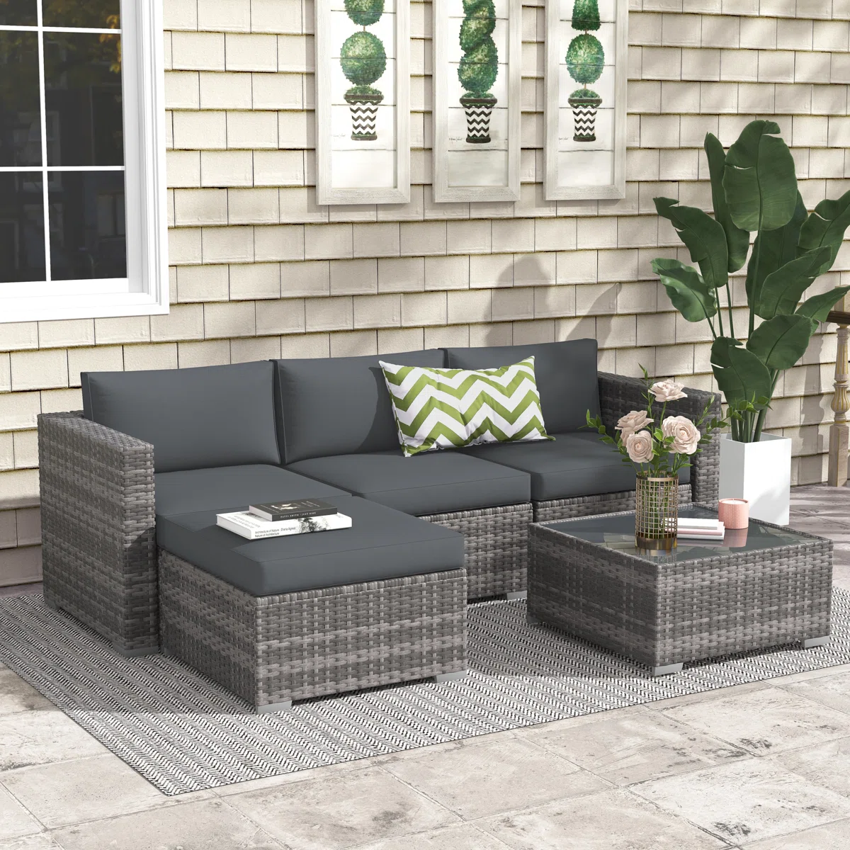 Abrela – Salon de Jardin Modulable 3 Places en Rotin avec Coussins Confort pour Extérieur Moderne 