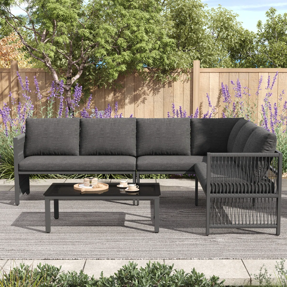 Orvella – Salon de Jardin Modulable 5-6 Places en Corde Polyester avec Table en Verre Design Moderne