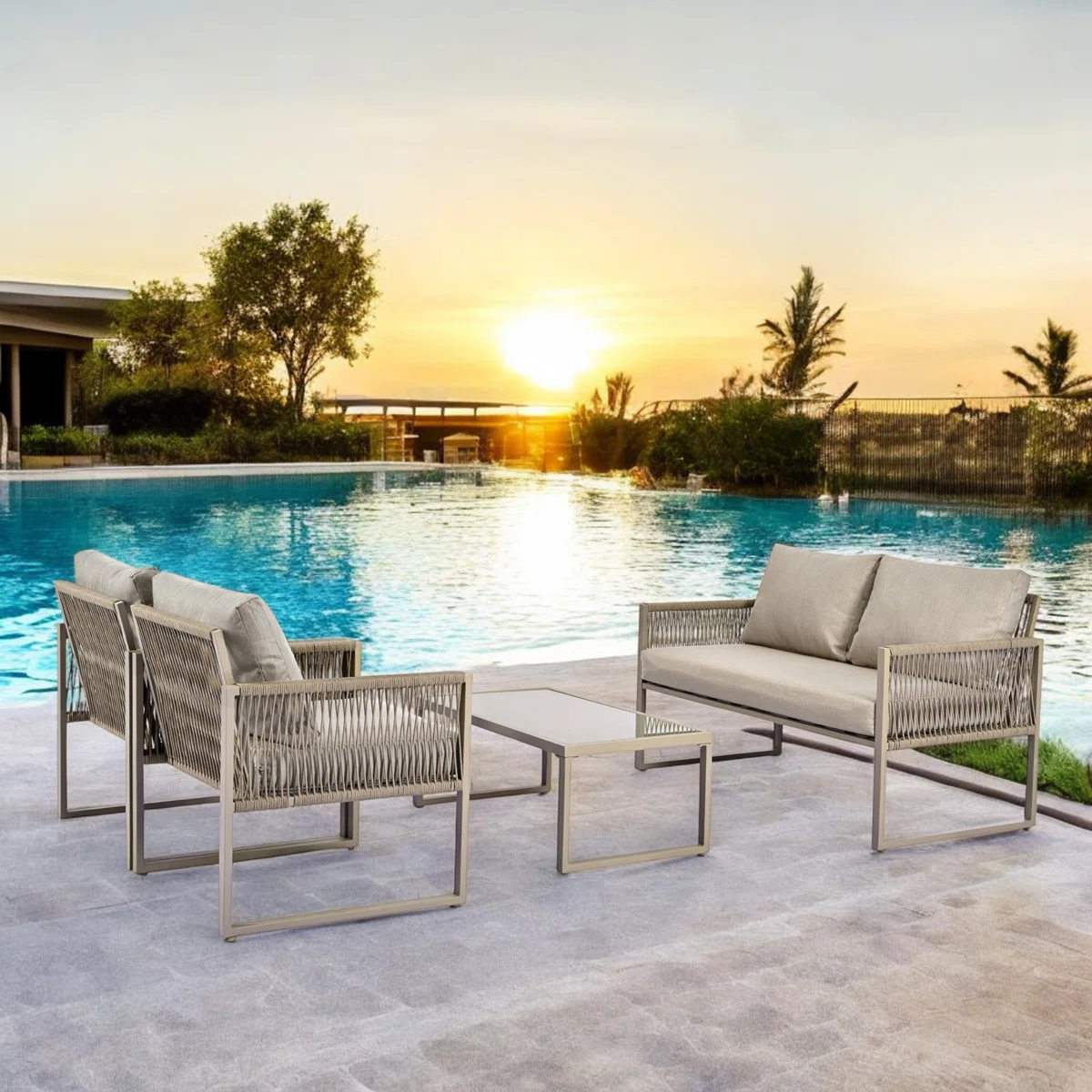Solenza – Salon de Jardin Lounge 4 Places Kaki avec Table Basse en Verre pour Extérieur Élégant