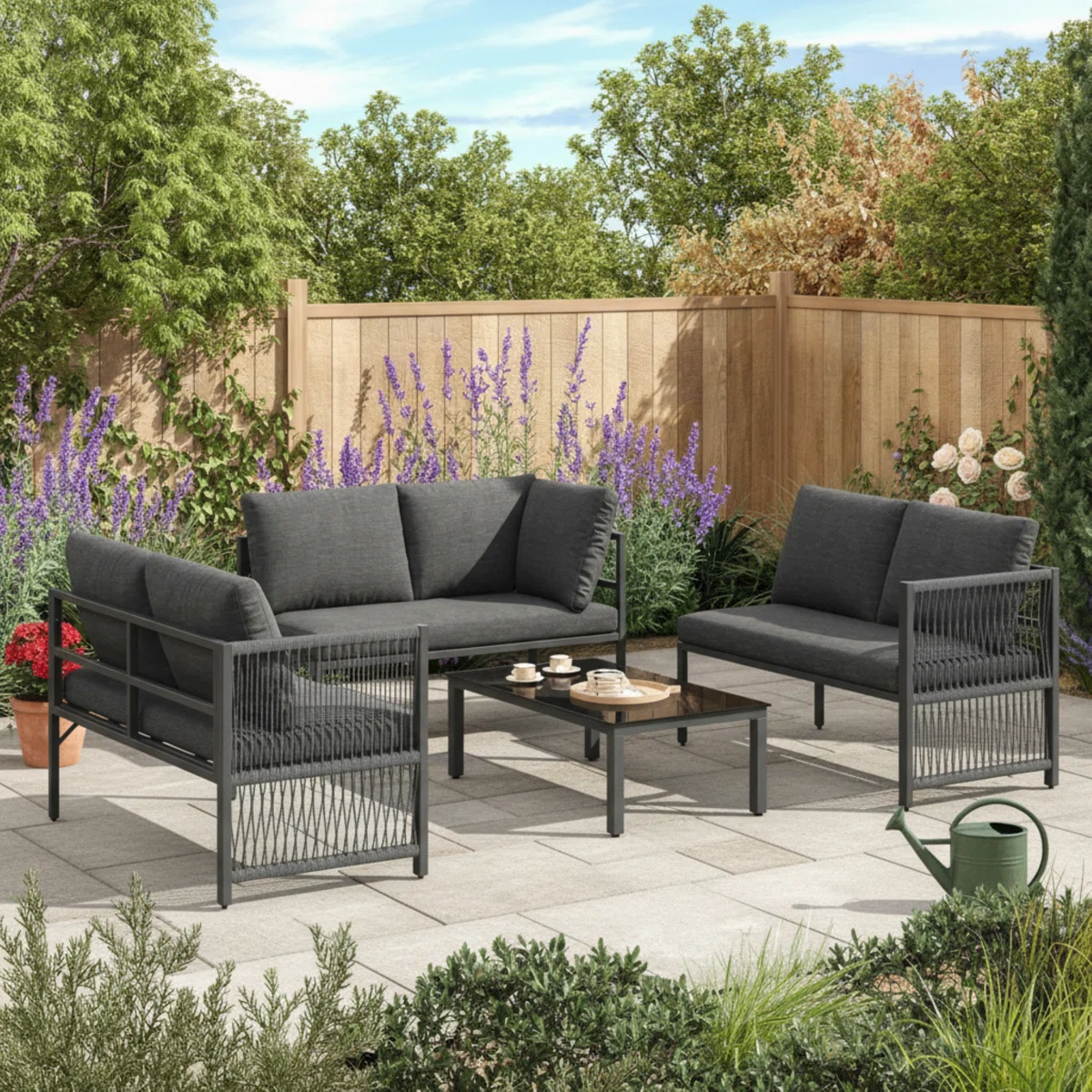 Orvella – Salon de Jardin Modulable 5-6 Places en Corde Polyester avec Table en Verre Design Moderne