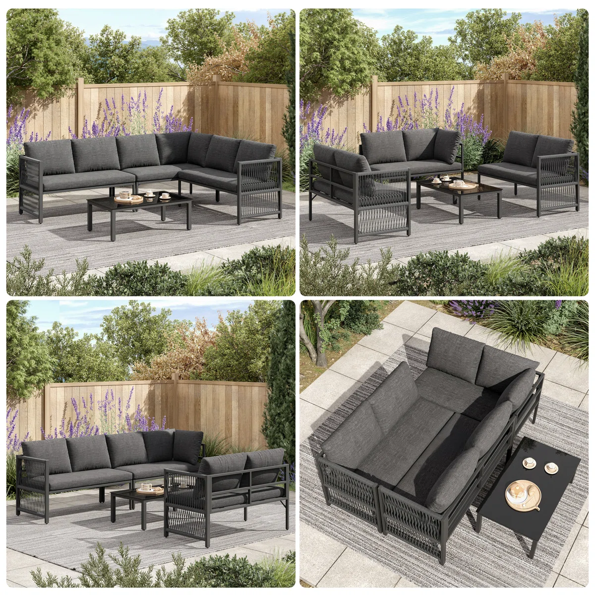 Orvella – Salon de Jardin Modulable 5-6 Places en Corde Polyester avec Table en Verre Design Moderne